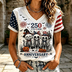 Women's V-neck Short Sleeve T-shirt Featuring 250th Anniversary Patriotic Skeleton Cats And Fireworks