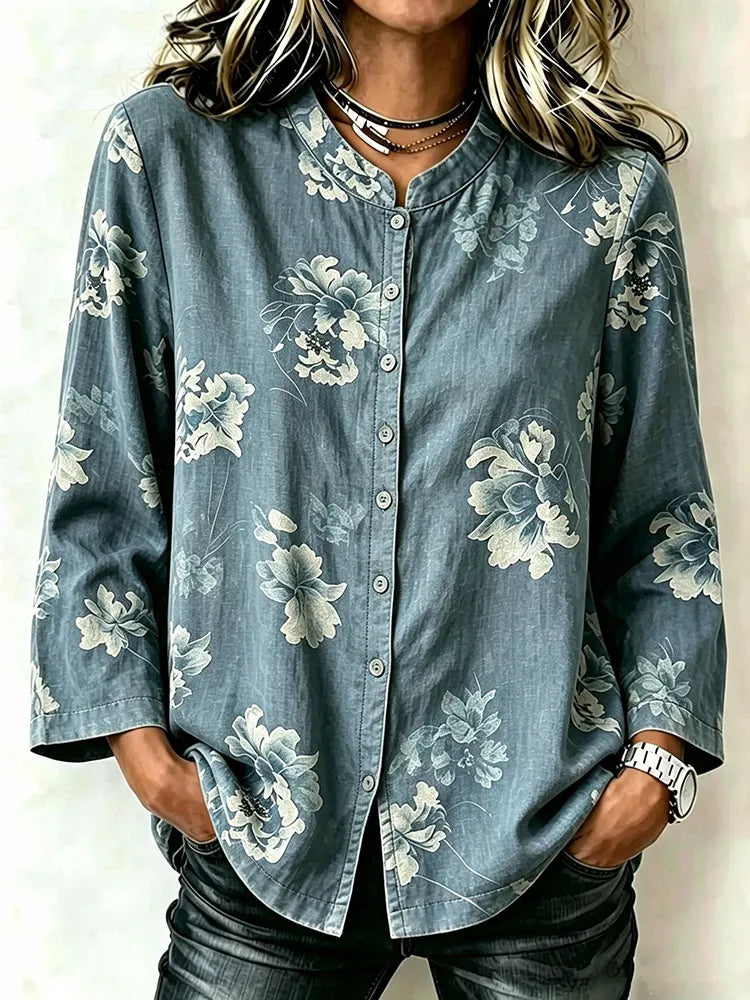 Women's Retro Floral Print Stand Collar Long Sleeve Shirt