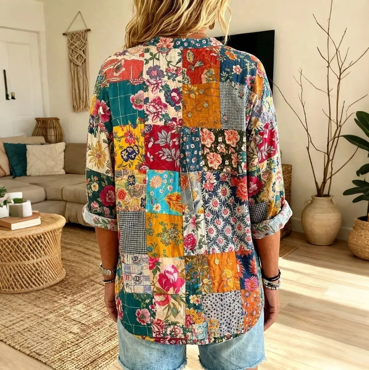 Women's Vintage Floral Patchwork Print Long Sleeve Shirt