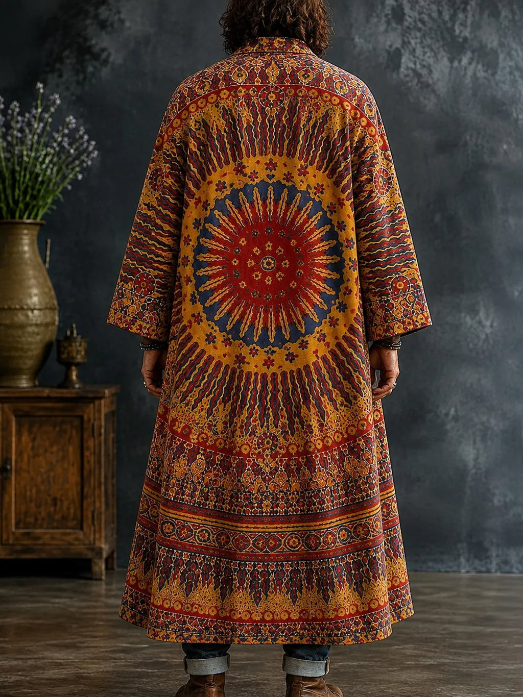 Men's Boho Radiant Mandala Floral Geometric Print Kimono Cardigan