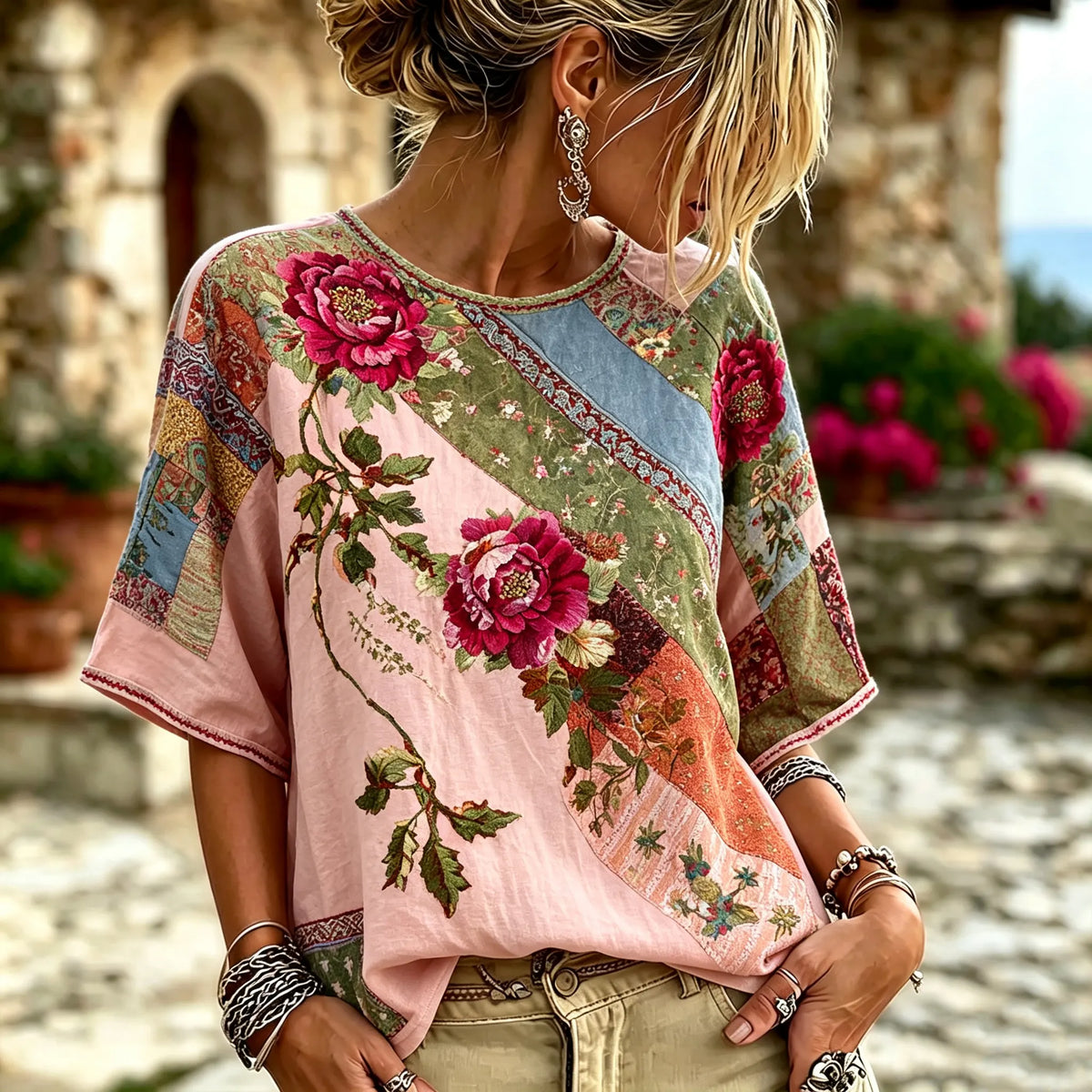 Women's Retro Bohemian Floral Color Block Pattern Mid-sleeve T-shirt