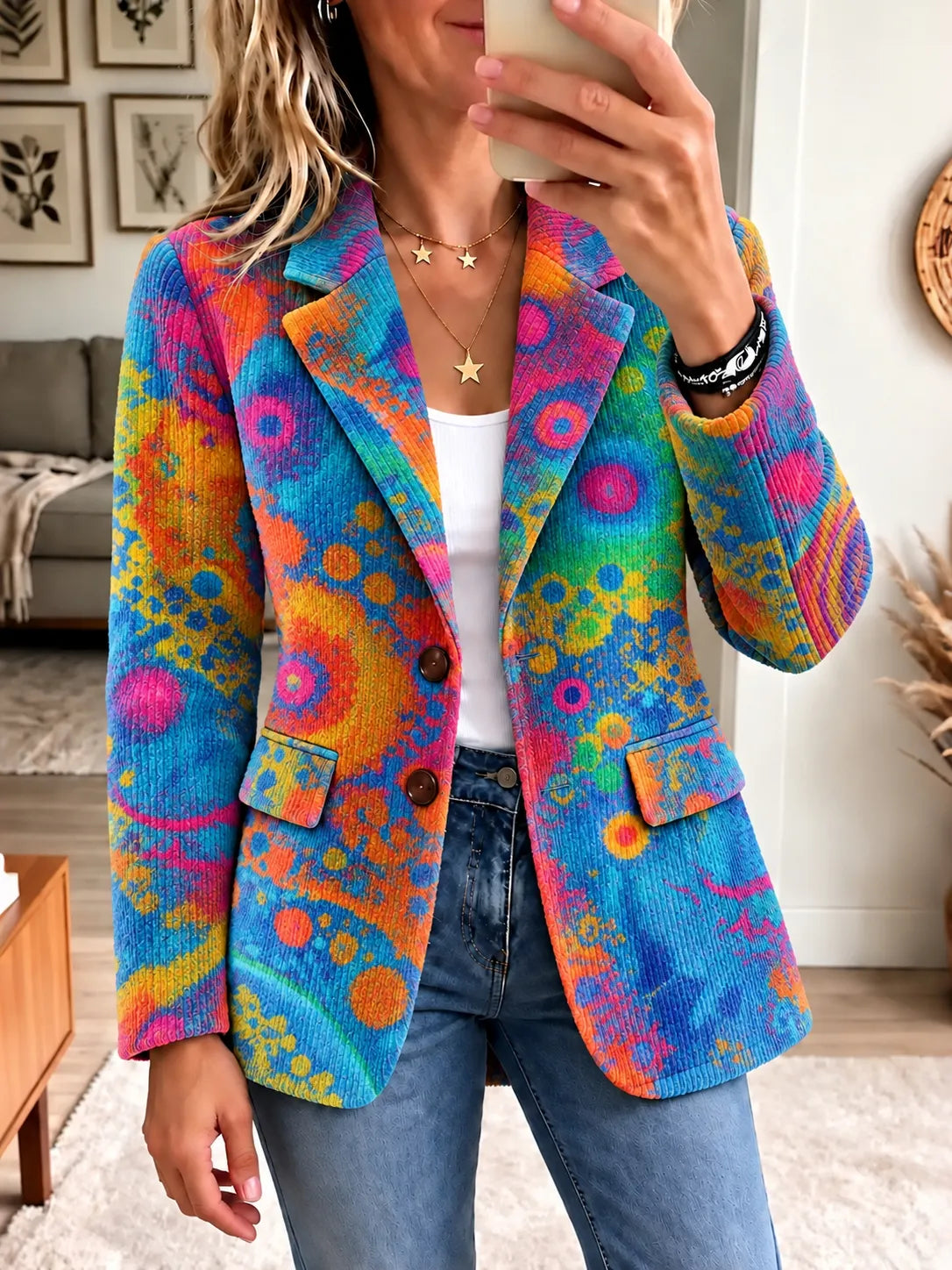 Women's Retro Multi-color Print Casual Corduroy Blazer