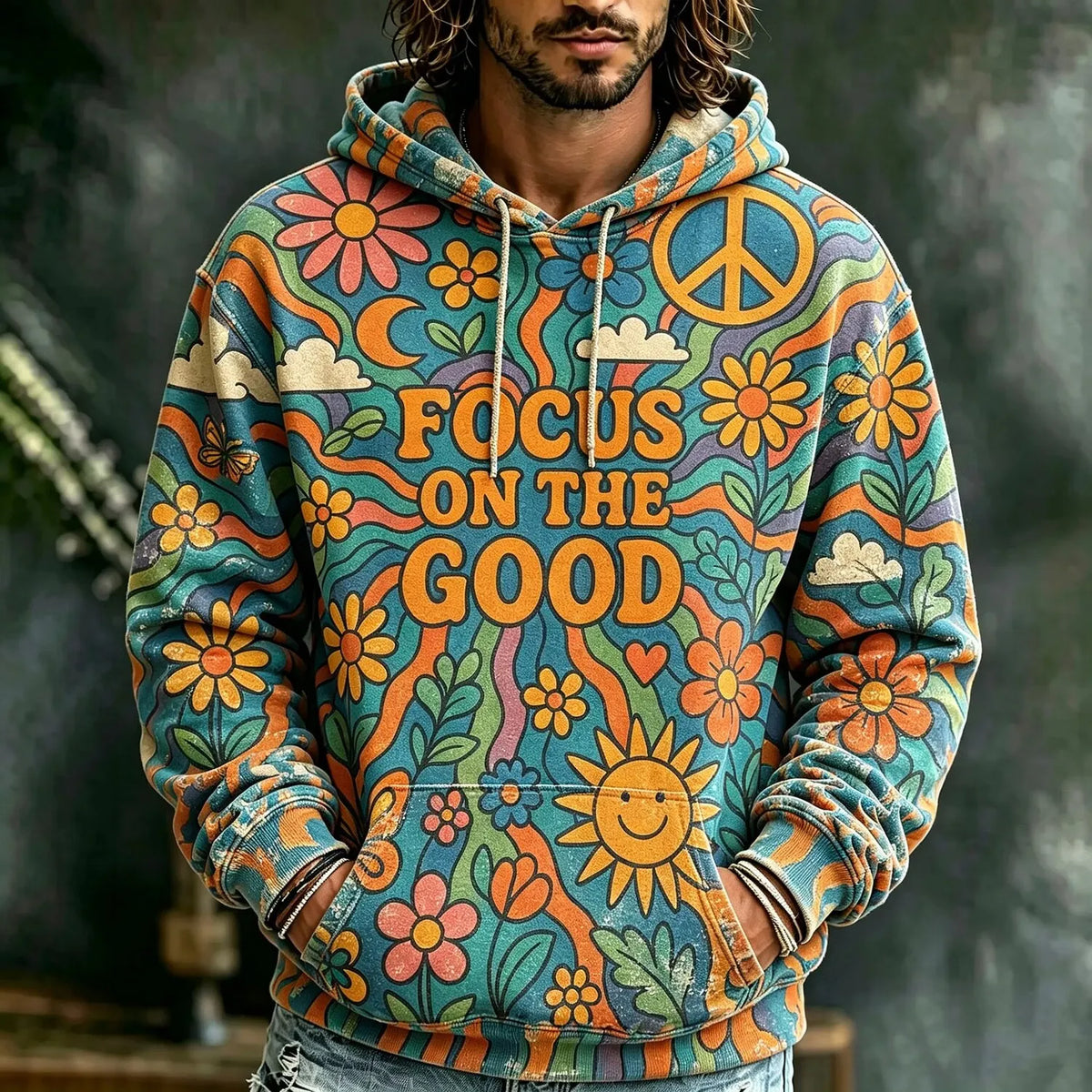 Men's Focus On The Good Smiling Sun Peace Symbol Print Hoodie