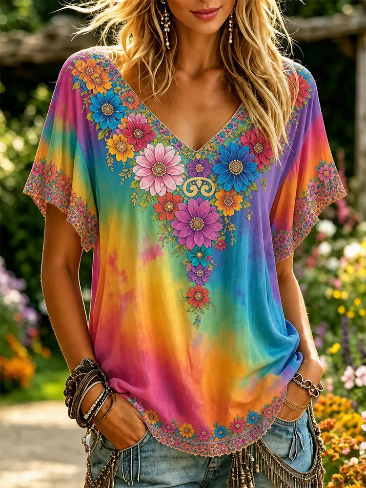 Women's Retro Floral V-neck Short-sleeved Linen Top