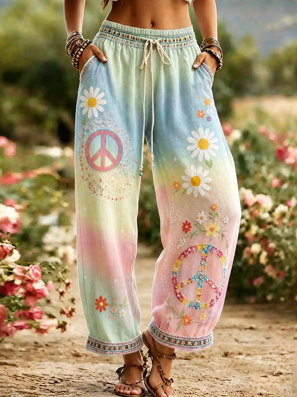 Women's Hippie Vintage Hippie Floral Art Linen Casual Pants