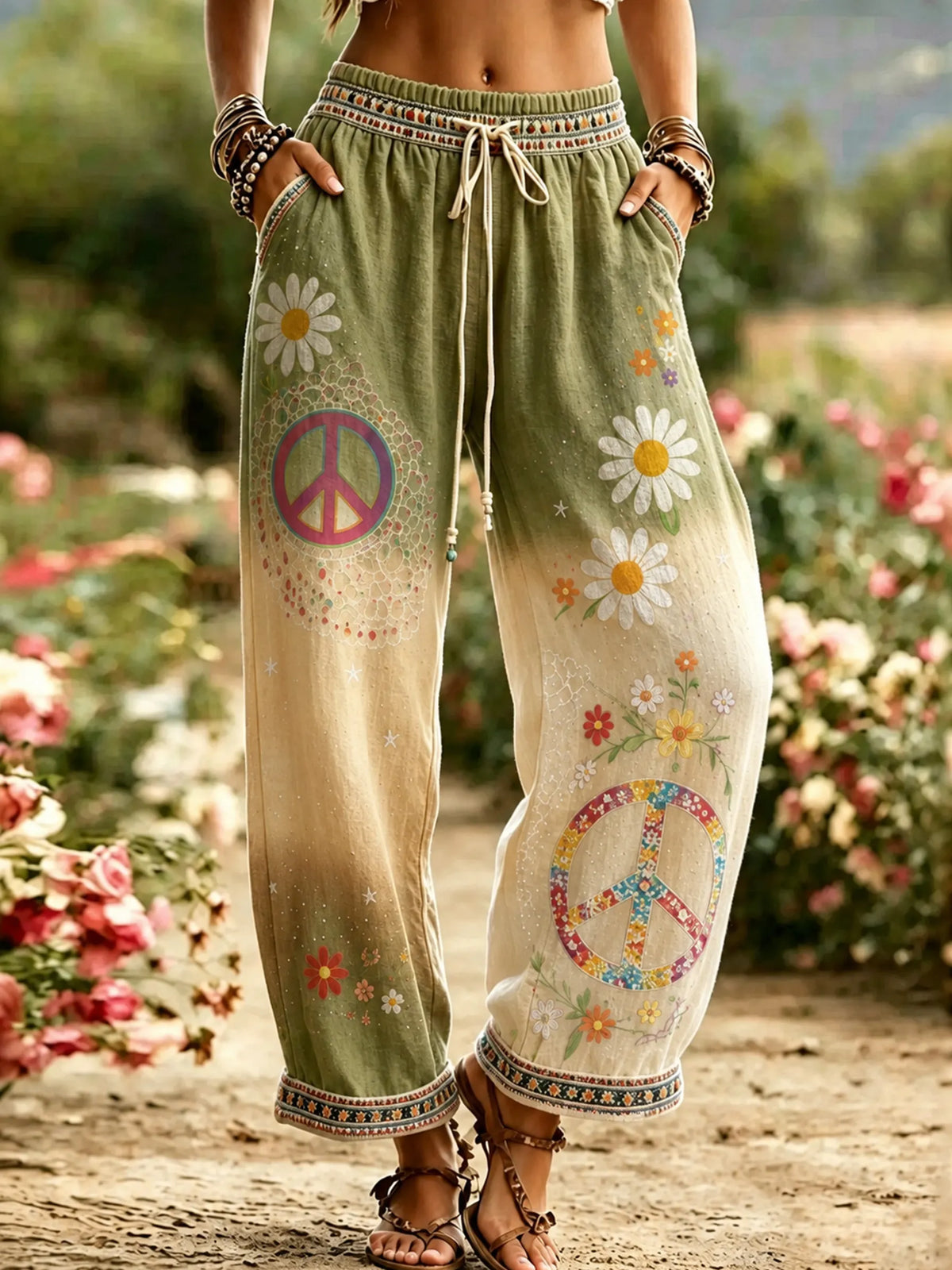 Women's Hippie Vintage Hippie Floral Art Linen Casual Pants