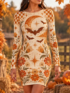 Women's Halloween Retro Moon, Bats And Floral Print Long Sleeve Bodycon Dress