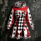 Women's Retro Halloween Clown Playing Card Color Block Print Hoodie Suspender Dress Two-piece Set