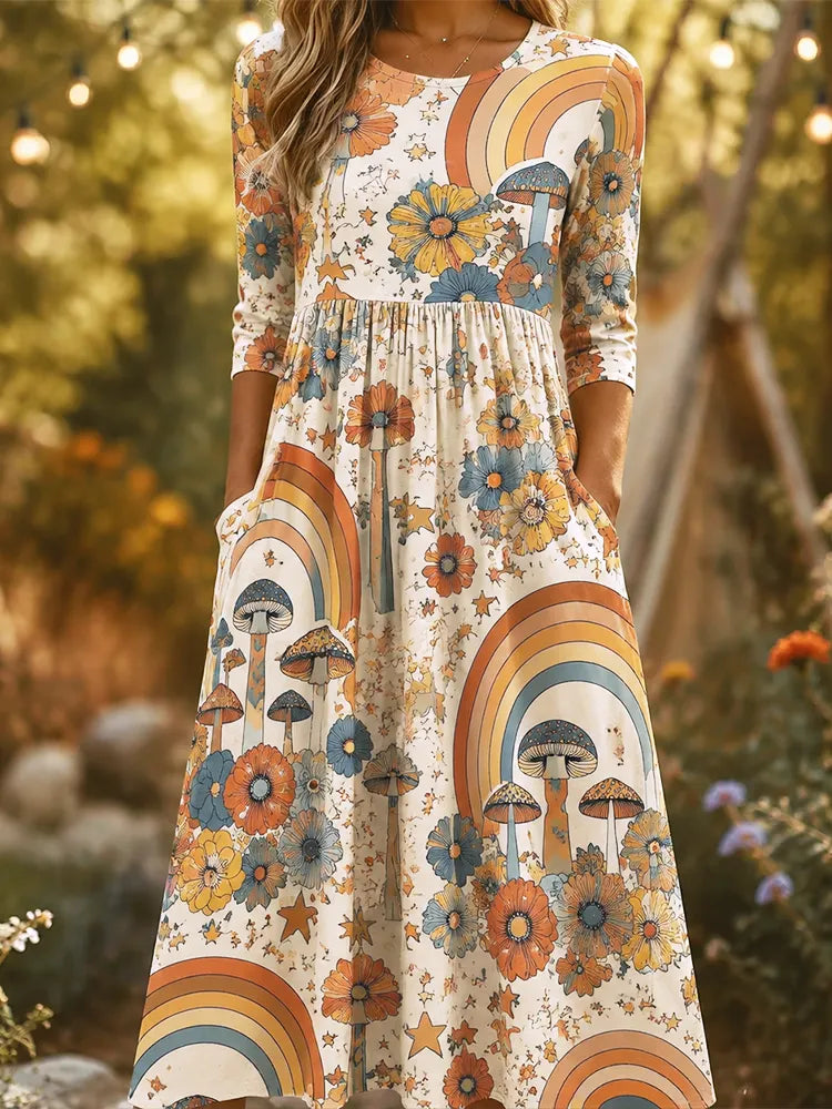 Women's Retro 70s Groovy Rainbow, Mushroom And Daisy Floral Pocket Midi Dress