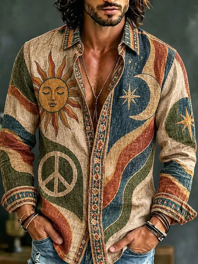 Men's Psychedelic Sun Wave Print Long Sleeve Shirt