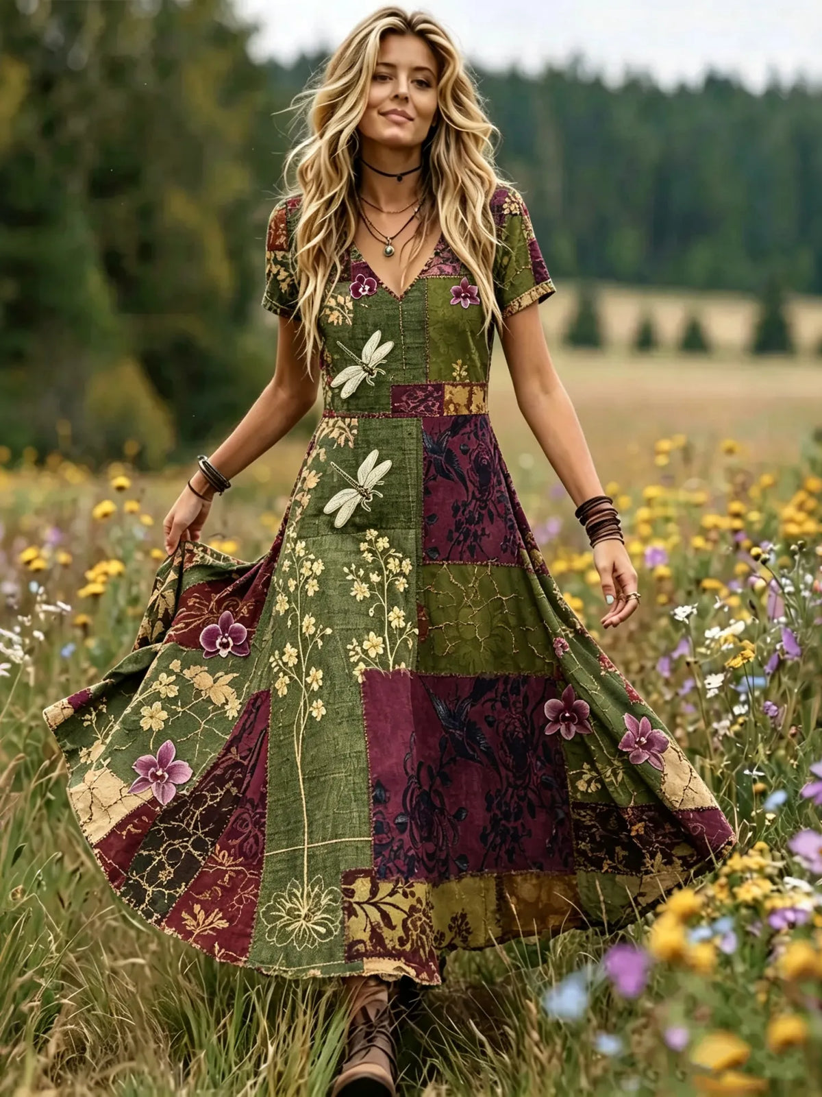 Women's Retro Resort Floral Dragonfly Color Block Print V-neck Short Sleeve Dress