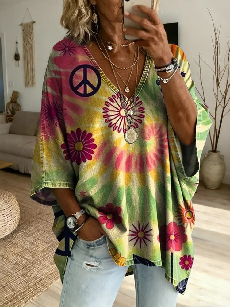Women's Retro Hippie Floral Art Tie-dye Print Casual Linen T-shirt