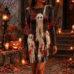 Women's Halloween Spooky Ghost & Blood Splatter Long Sleeve Bodycon Mini Dress