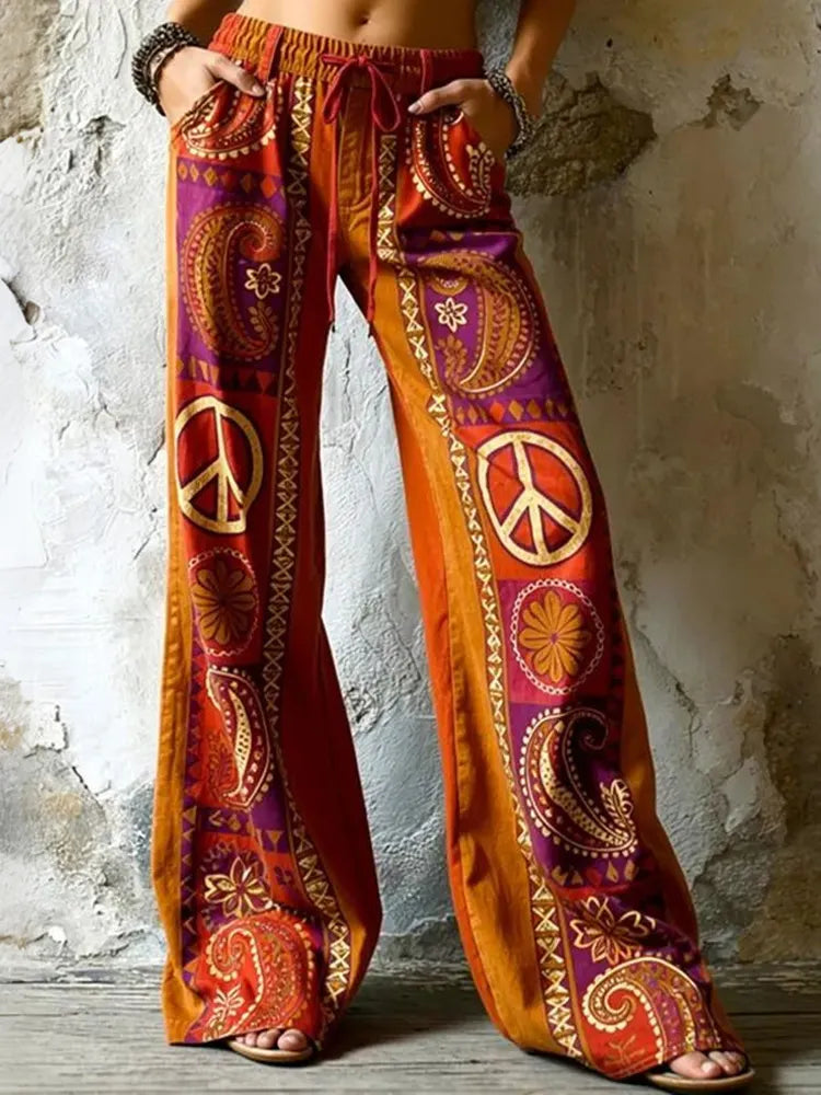 Women's Retro Hippie Sun And Moon Floral Color Block Trousers