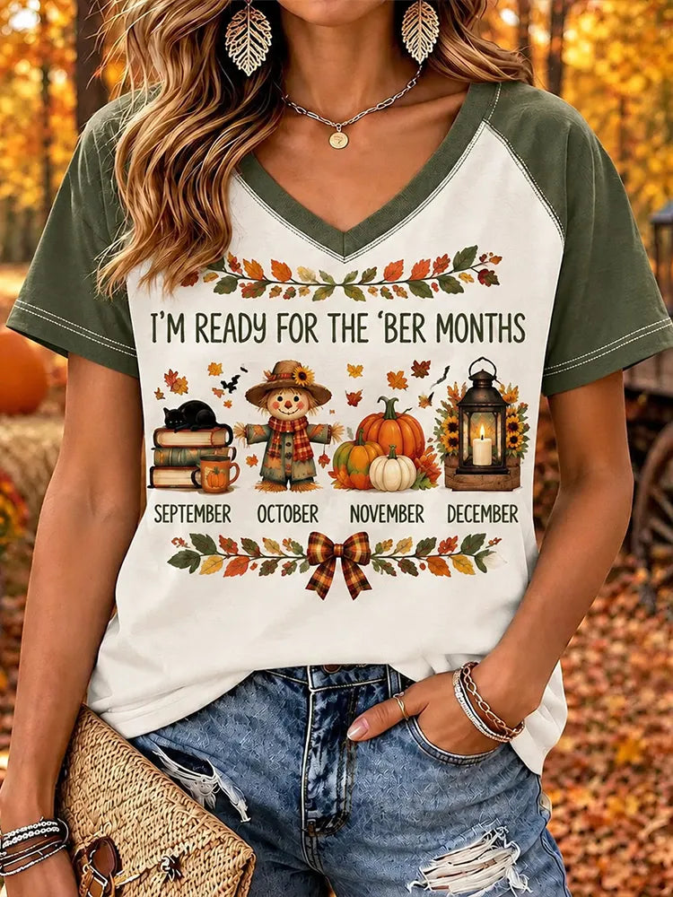 Women's I'm Ready For The 'ber Months Print Short Sleeve V-neck Top