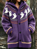 Women's Halloween Ghost Polka Dot Print Hooded Cardigan Sweater