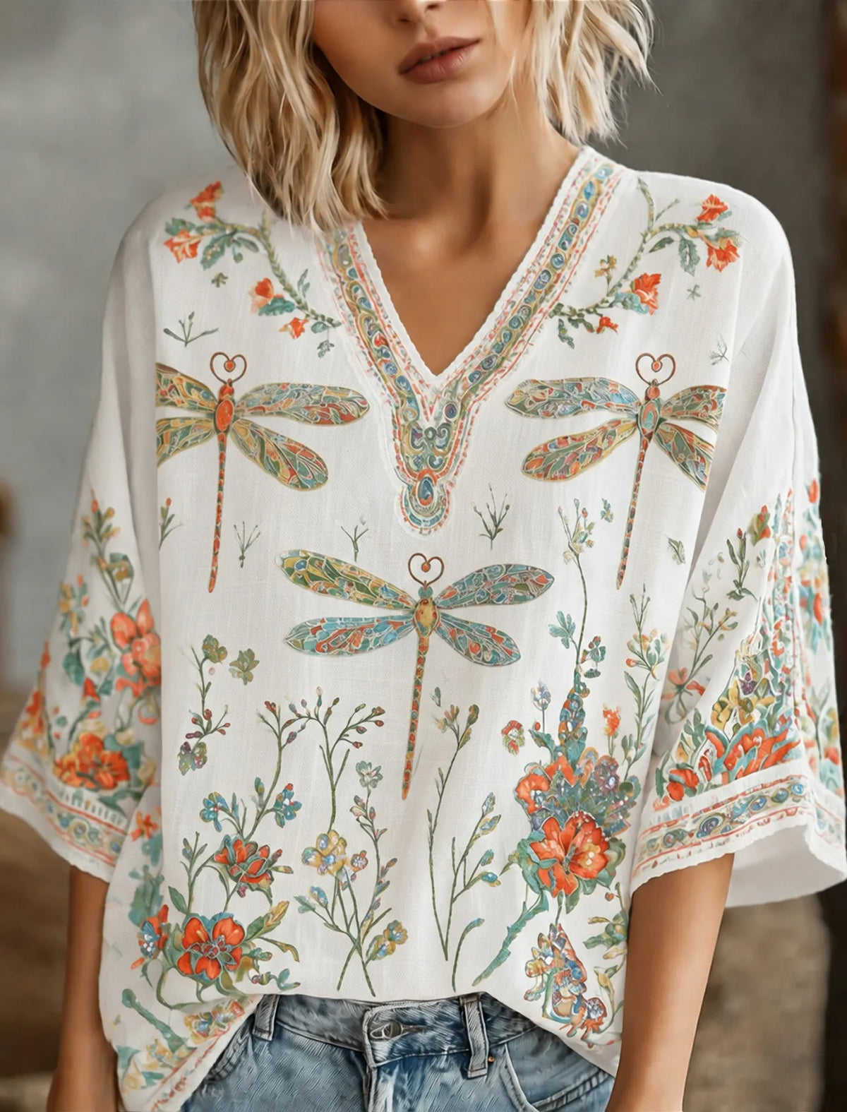 Women's Hippie Floral And Dragonfly In Patchwork Pattern Art Printed Linen Blend Mid-length Shirts