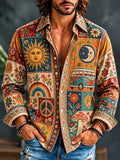 Men's Hippie Cosmic Elements Peace Sign Van Rainbow Mushroom Print Long Sleeve Shirt