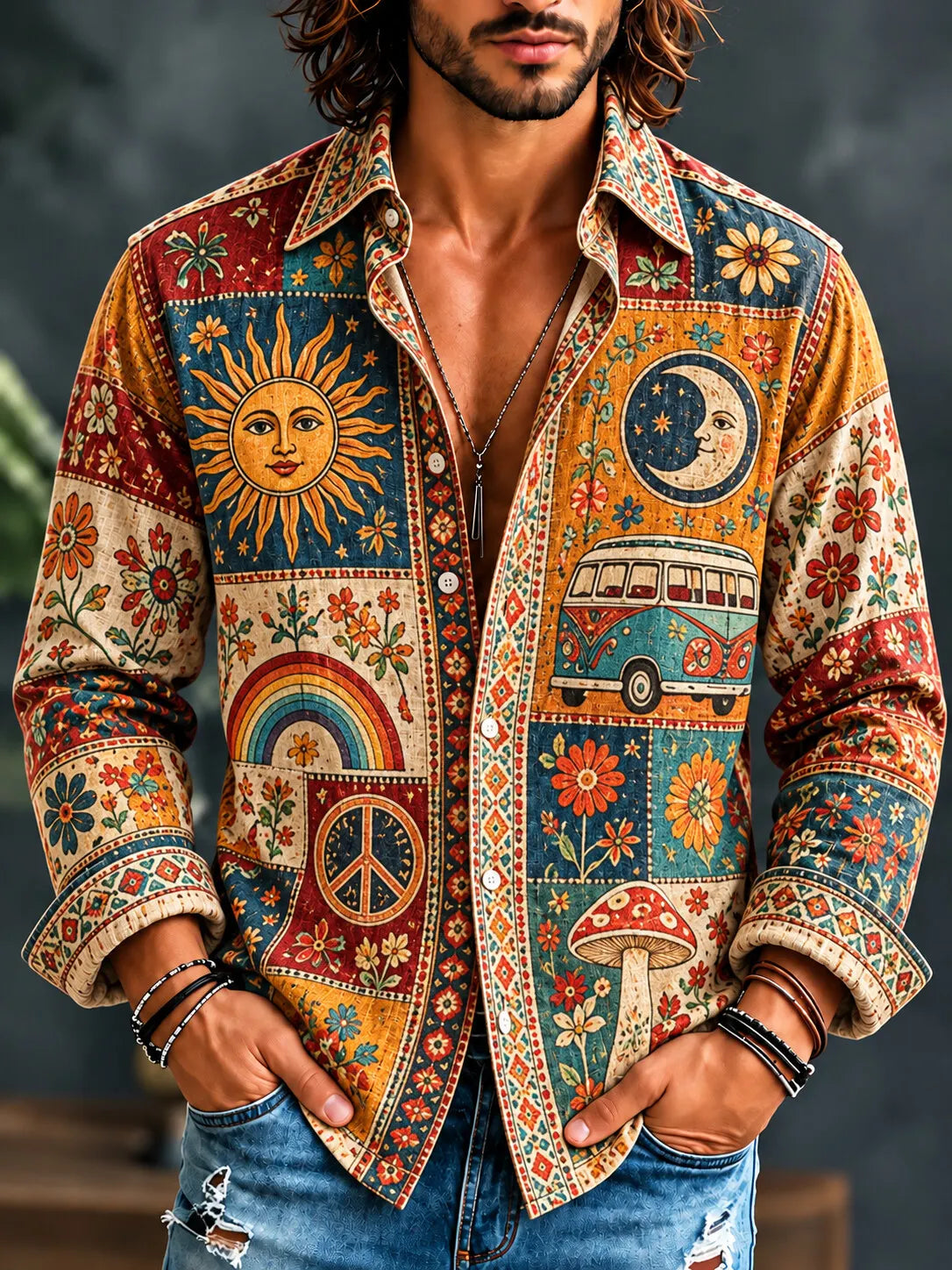 Men's Hippie Cosmic Elements Peace Sign Van Rainbow Mushroom Print Long Sleeve Shirt