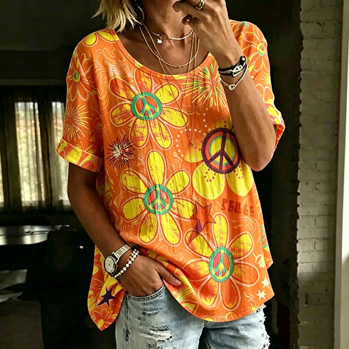 Women's Retro Bohemian Floral And Hippie Print Top