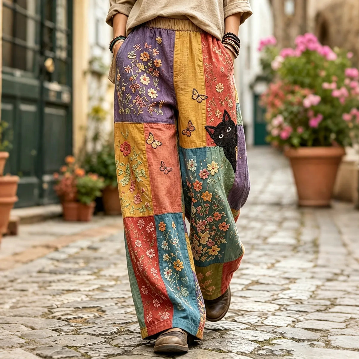Women's Hippie Vintage Lovely Cat In Patchwork Art Linen Casual Pants