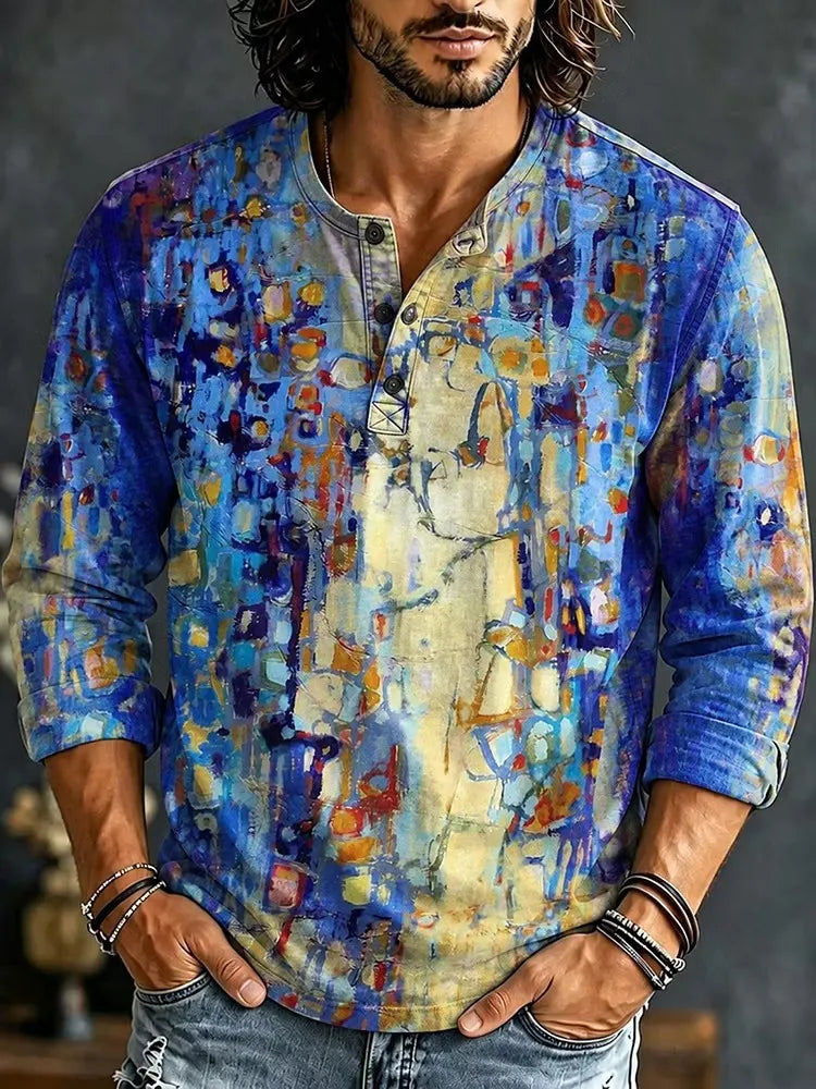 Men's Abstract Oil Painting Print Henry Collar Long Sleeve T-Shirt
