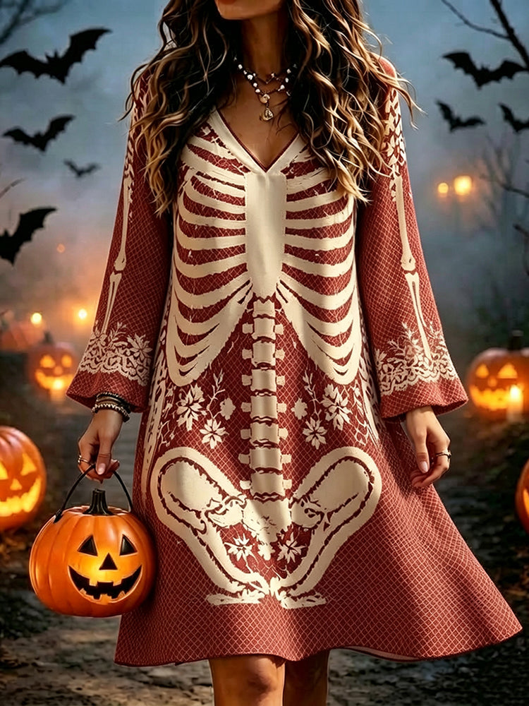 Vintage Halloween Anatomy And Rose Art Casual Long-sleeve Dress