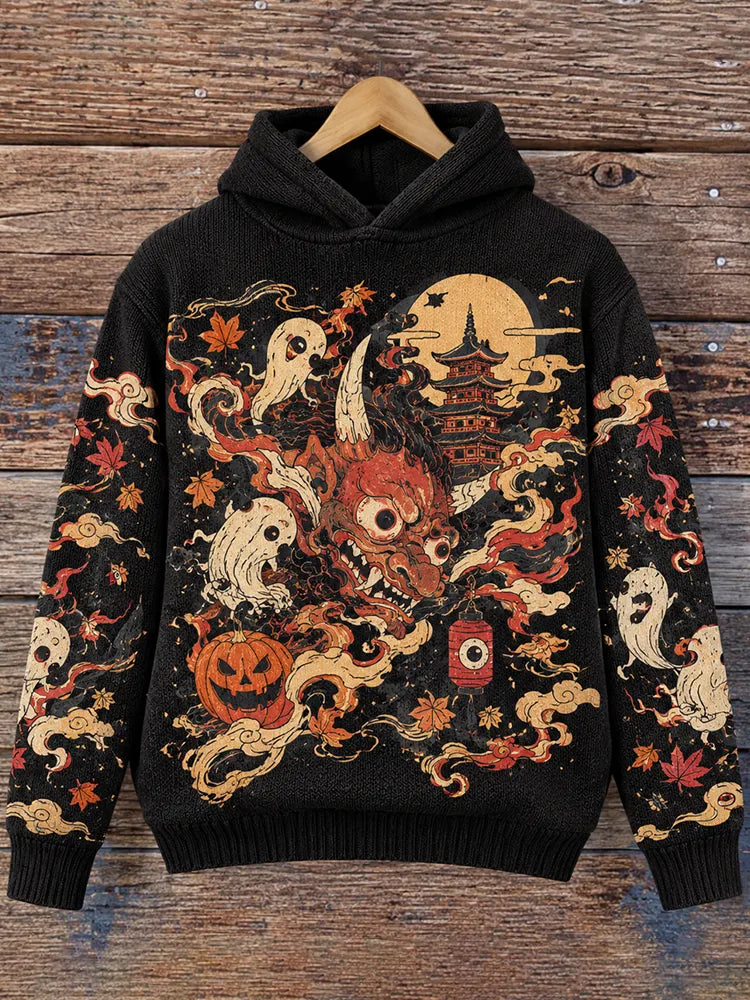 Men's Japanese Ukiyo-e Oni Demon Pumpkin Ghost Knitted Hoodie