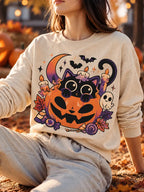 Women's Halloween Black Cat And Pumpkin Print Crew Neck Long Sleeve Sweatshirt