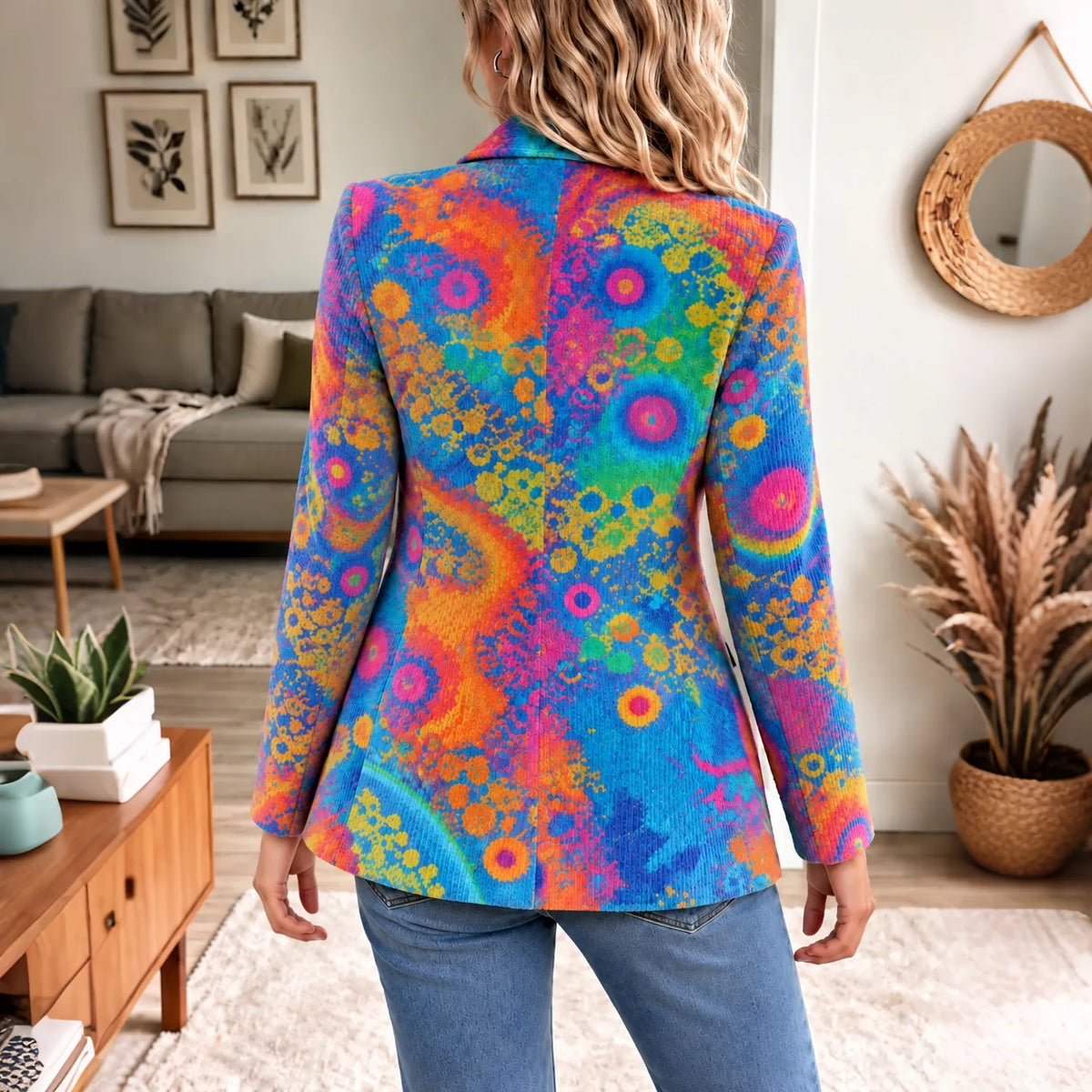 Women's Retro Multi-color Print Casual Corduroy Blazer