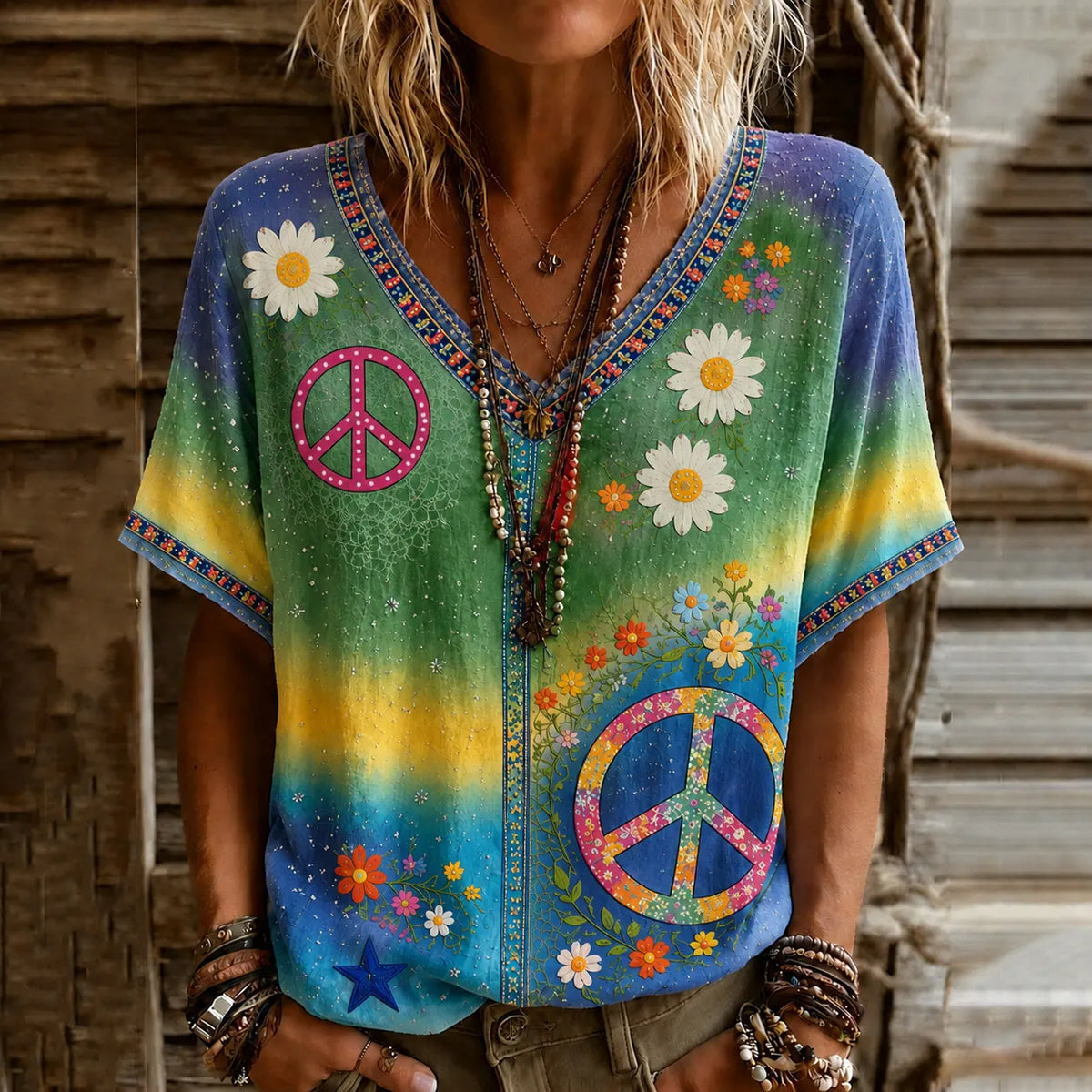Women's Vintage Hippie Floral Patchwork Art Linen Blend Short Sleeve Tops