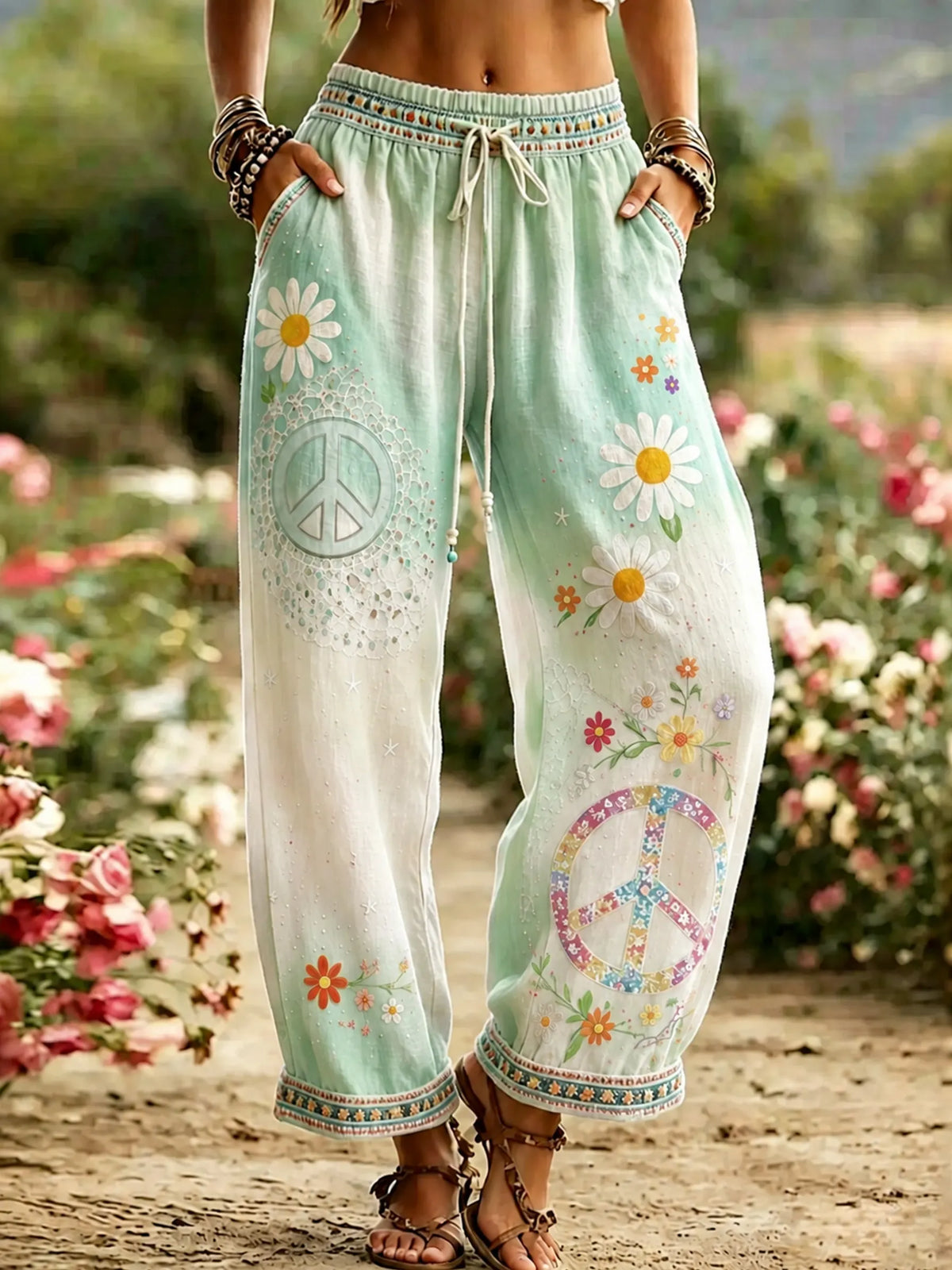 Women's Hippie Vintage Hippie Floral Art Linen Casual Pants