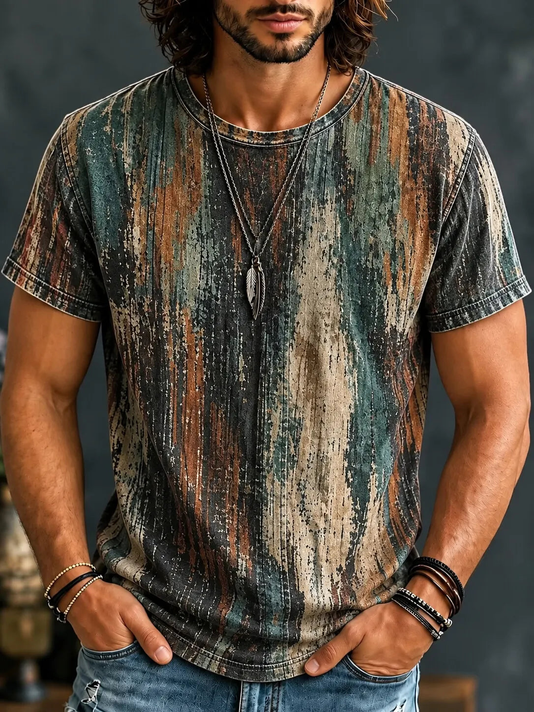 Men's Irregular Colored Blocks Print Crew Neck Short Sleeve T-Shirt