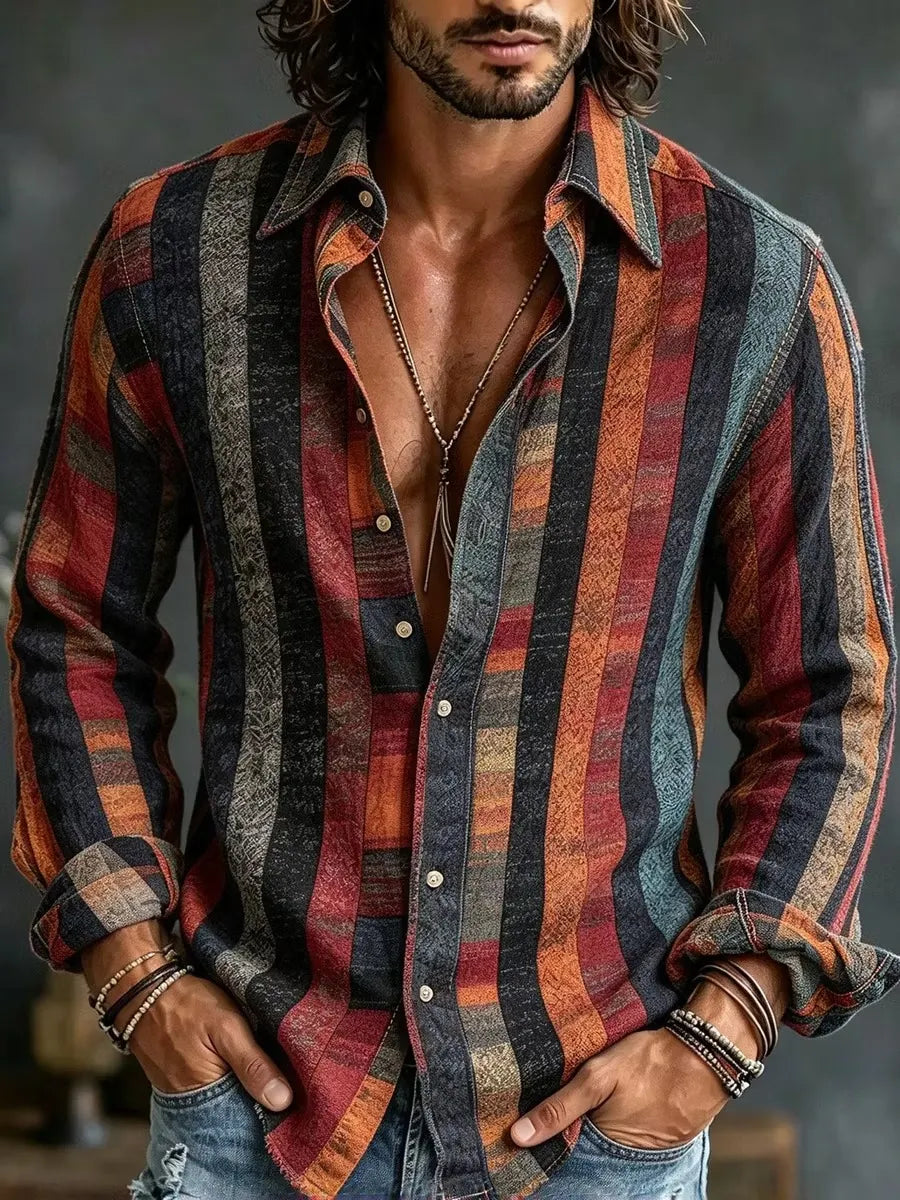 Men's Geometric Art Colorblock Print Long Sleeve Shirt