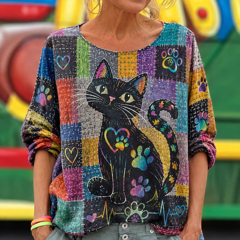 Women's Patchwork Black Cat, Hearts & Paw Prints Crewneck Sweatshirt