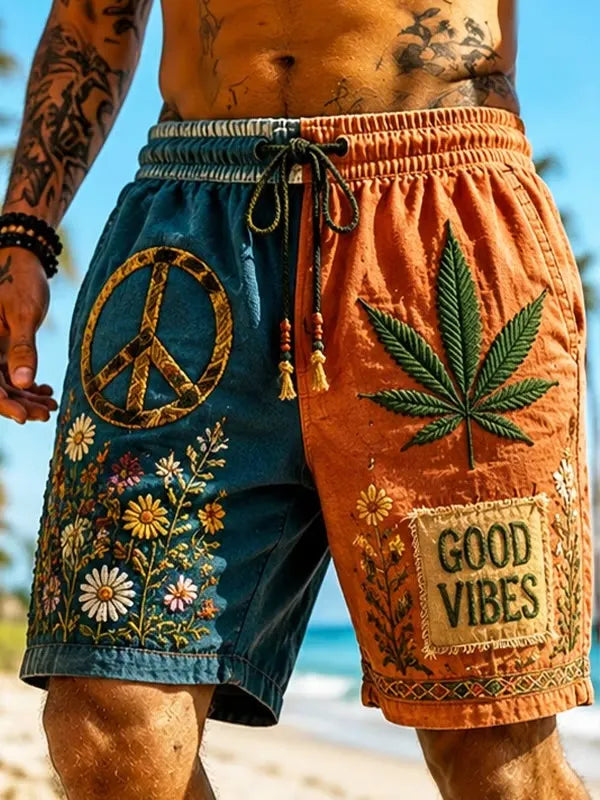 Men's Hippie Peace Symbol Leaf Print Drawstring Shorts