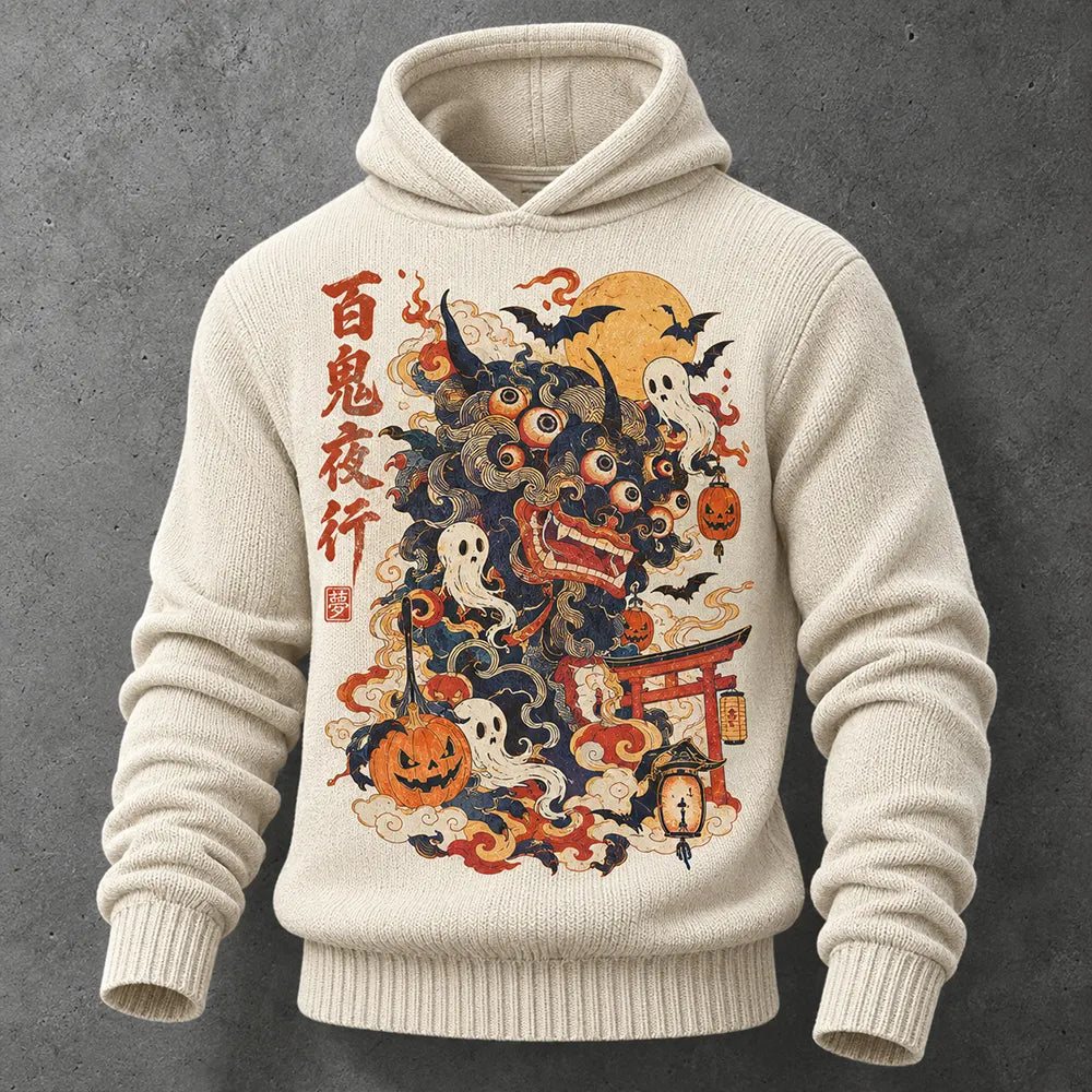 Men's Japanese Hyakki Yagyo Demon Pumpkin Ghost Knitted Hoodie