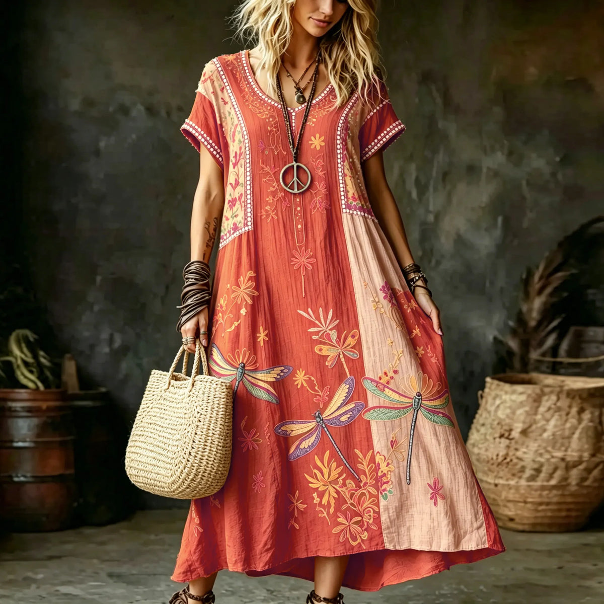 Women's Vintage Hippie Floral And Dragonfly In Patchwork Pattern Art Printed Linen Blend Maxi Dress