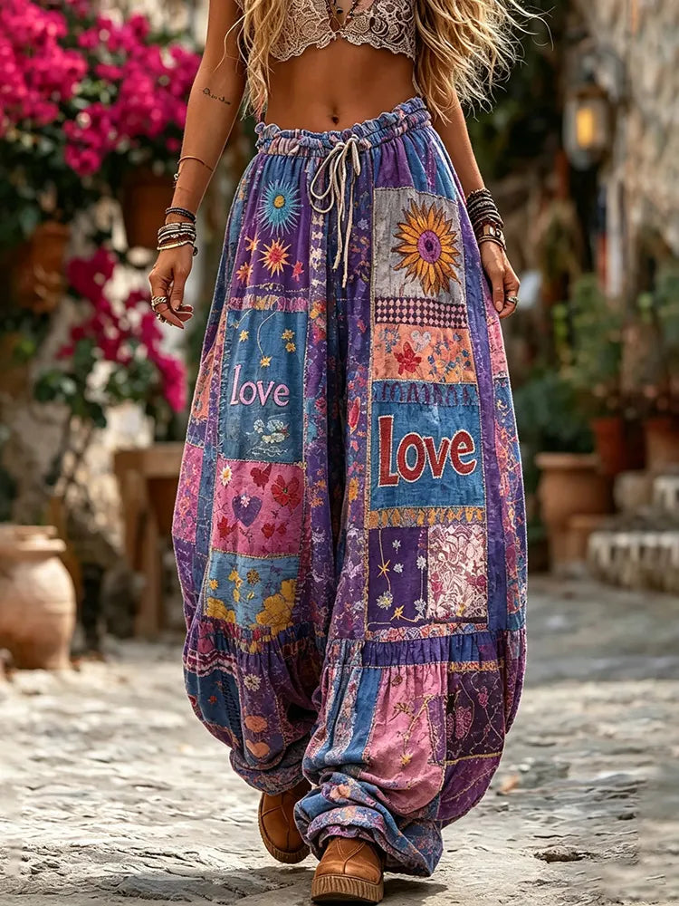 Women's Vintage Hippie Floral Pattern Art Embroidered Linen Blend Pants