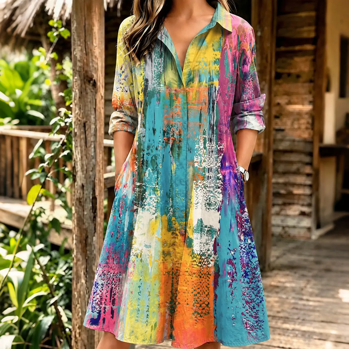 Women's Retro Abstract Art Print Midi Shirt Dress