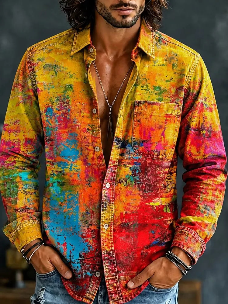 Men's Abstract Splatter Paint Graffiti Art Print Long Sleeve Pocket Shirt