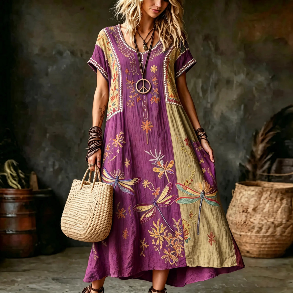 Women's Vintage Hippie Floral And Dragonfly In Patchwork Pattern Art Printed Linen Blend Maxi Dress