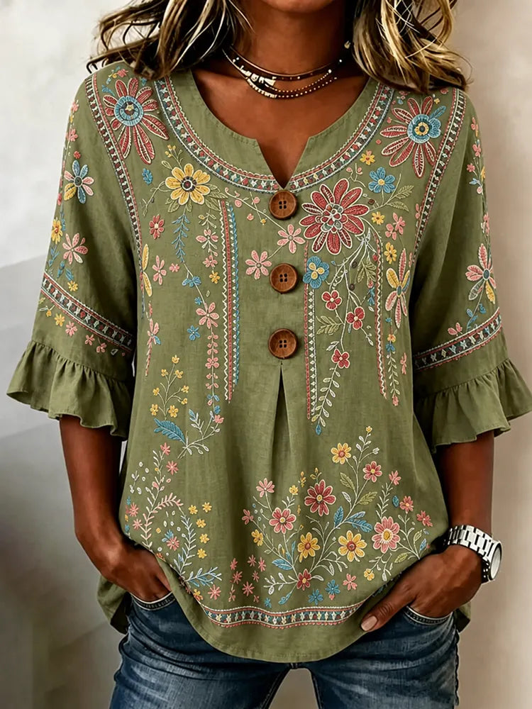 Women's Retro Vacation Floral Linen Top