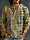 Men's Polka Dot Distressed Print Henry Collar Long Sleeve T-Shirt