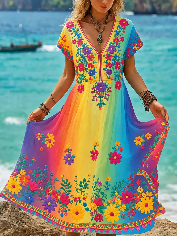 Women's Retro Hippie Style Floral Print Linen V-neck Short Sleeve Long Dress