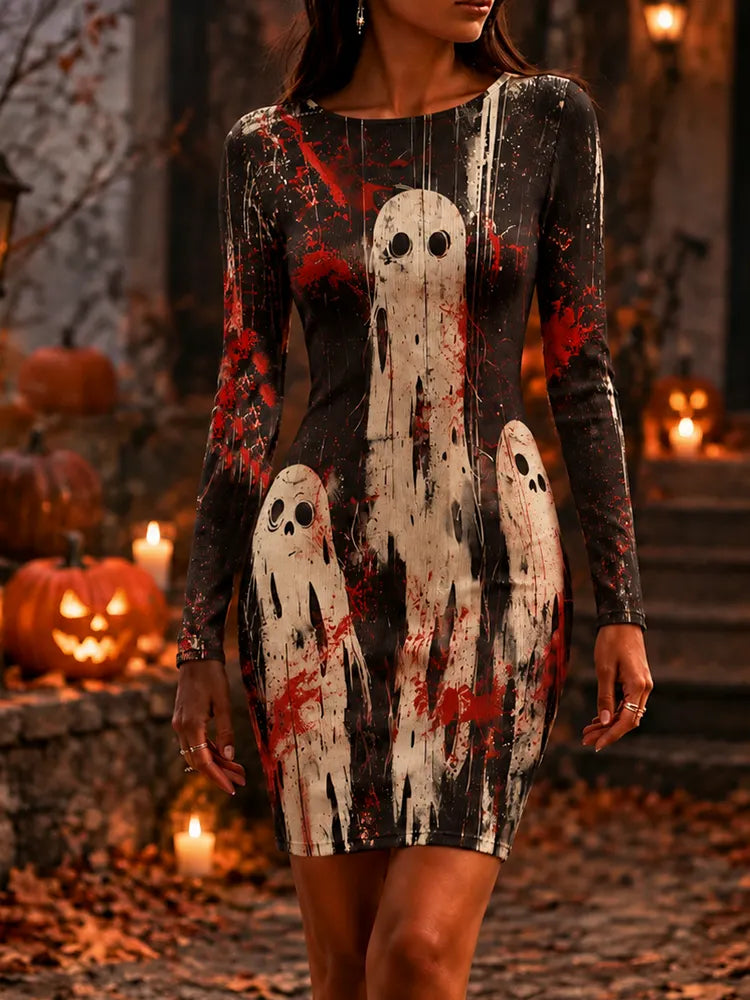 Women's Halloween Spooky Ghost & Blood Splatter Long Sleeve Bodycon Mini Dress
