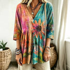 Women's Vintage Boho Floral Art Linen Blend V-neck T-shirt