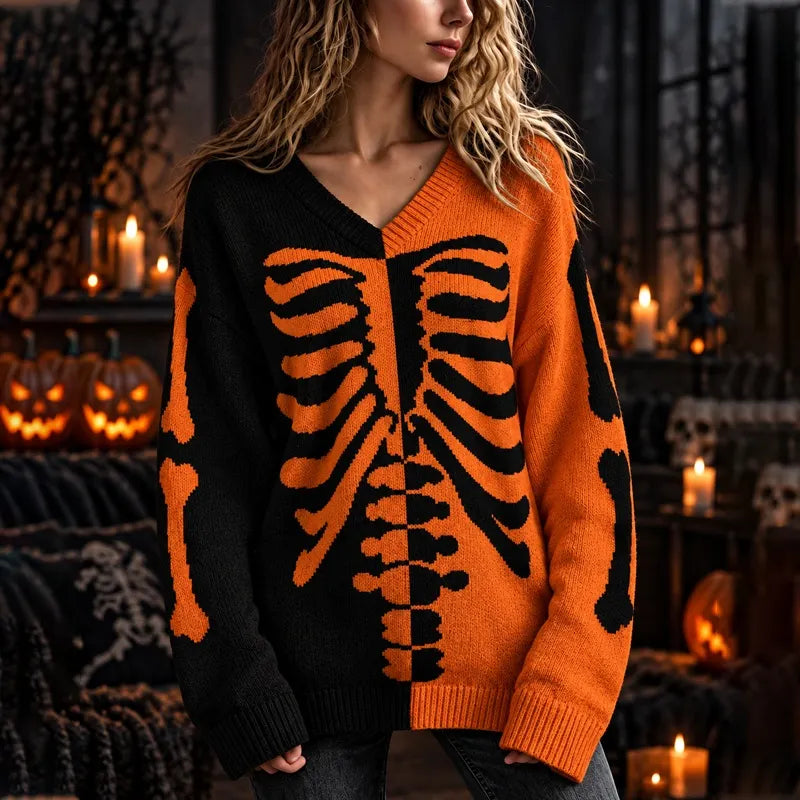 Women's Halloween Colorblock Skeleton Knit V-neck Sweater