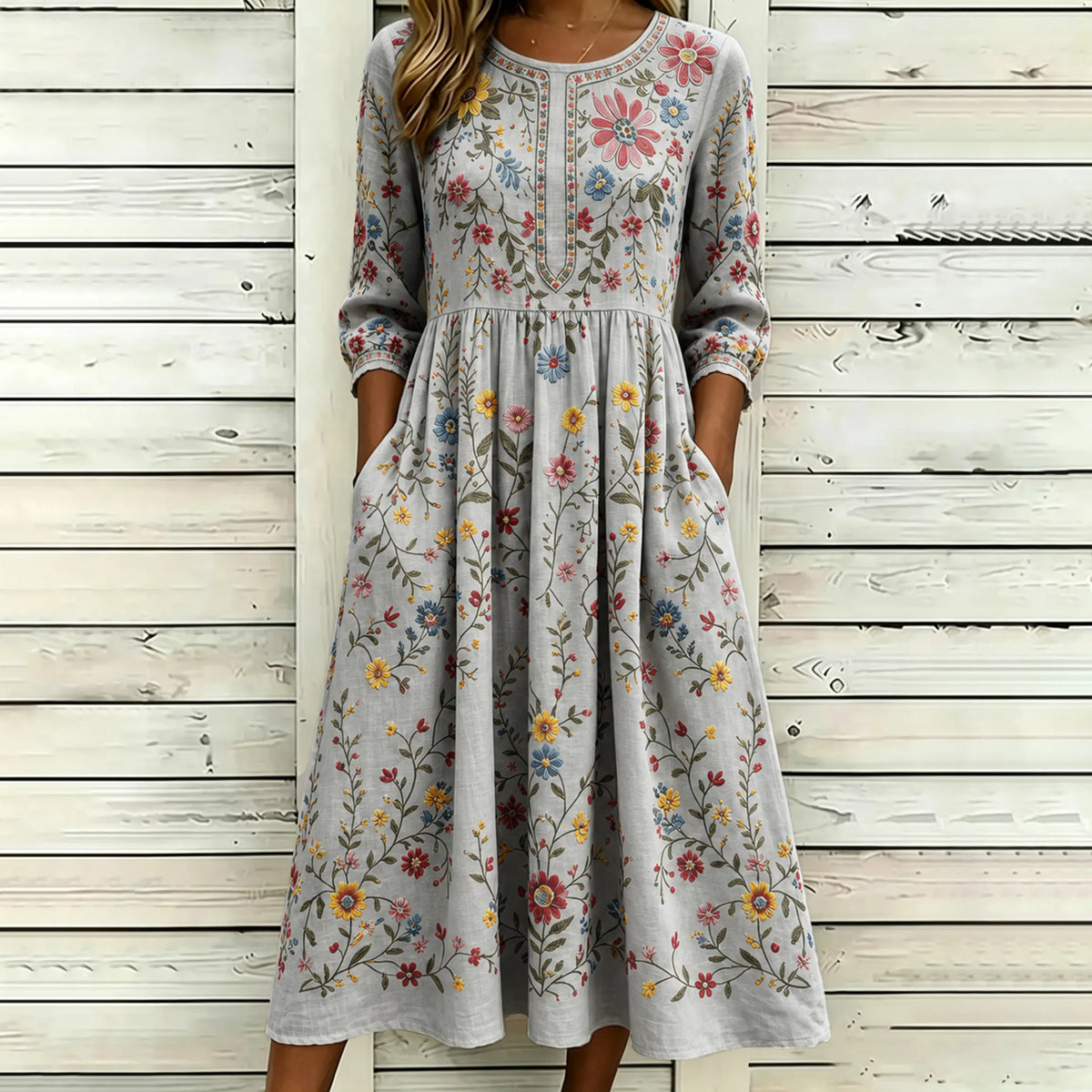 Women's Vintage Floral Pattern Art Embroidered Linen Blend Dress