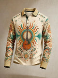 Men's Hippie Lute Instrument Inside Sunburst Mandala Print Long Sleeve Polo Shirt